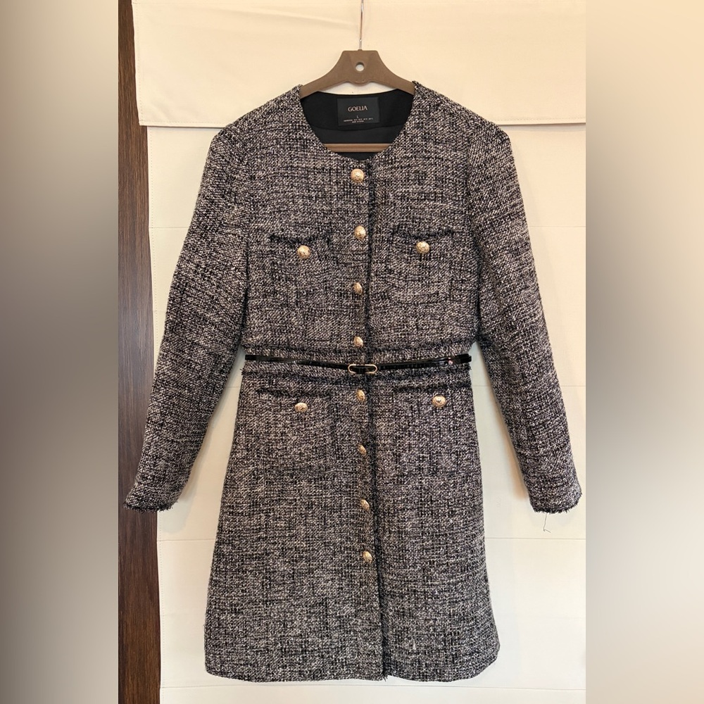 Chic Black and White Tweed Coat Dress with Gold Buttons